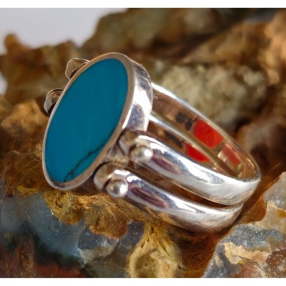 Sterling Silver Reversible Inlay Set Oval Red Coral & Turquoise Ring Size 7.75 - Picture 8 of 15
